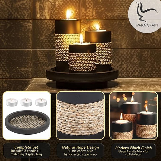 IYARA CRAFT Tealight Candle Holders with Tray – Set of 3 Handmade Wooden Candle Holders with Natural Rope Accent – Rustic Black Decor for Table Centerpiece, Office or Gift