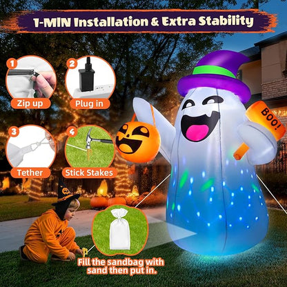 5FT Halloween Inflatables Ghost Built-in Colorful Flashing LED Lights, Cute Halloween Decorations Outdoor with Pumpkin Boo, Blow Up Yard Decorations for Indoor Yard Party (1PCS)