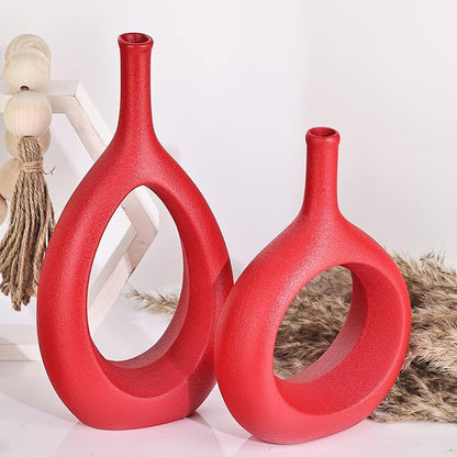 Red Ceramic Vase Set 2,Modern Hollow Circle with Hole Flower Vase for Home Decor,for Table Centerpieces,Farmhouse,Fire Place,Living Room,Bedroom,Office,Bookshelf,Rustic Decor