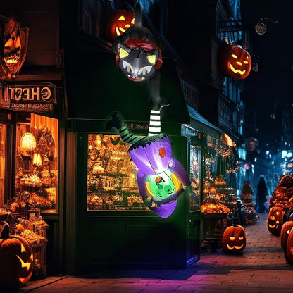 OurWarm 8FT Halloween Inflatables Outdoor Decorations, Cat and Witch Halloween Blow Up Yard Decorations with LED Lights, Inflatable Halloween Decorations for Outdoor Indoor Party Roof Lawn Yard Decor
