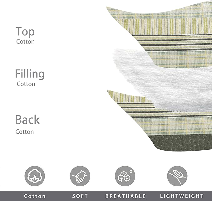 Homzard King Quilt - Cotton Comforter Set King Size, Army Green Yellow Striped Quilt Set,Olive Green Plaid Bedding Bedspread, Lightweight Farmhouse Bedding Set 3 Pieces All Season