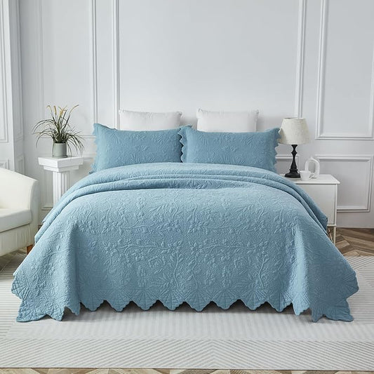 Brandream Queen Size Quilt Set Cotton Bedspread Matelasse Coverlet Set Lightweight Quilt Set Scalloped Edge 3-Piece