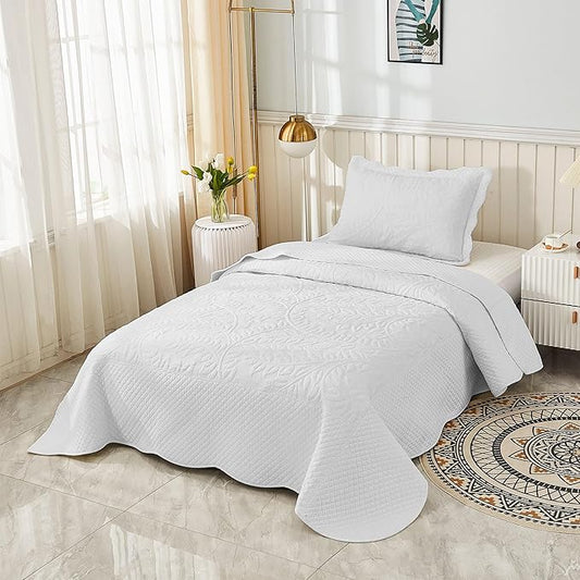 MarCielo 3-Piece 100% Cotton Oversized Bedspread Lightweight Quilt Coverlet Embroidery Farmhouse Bedding Set T0 (Bright White, Twin (68"x86"))