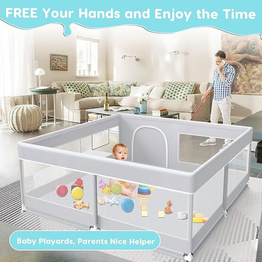 Baby Playpen, 50x50 Inch Baby Playard for Babies and Toddlers, Play Pens for Indoor & Outdoor, Sturdy Safety Play Yard with Soft Breathable Mesh, Anti-Fall, Grey