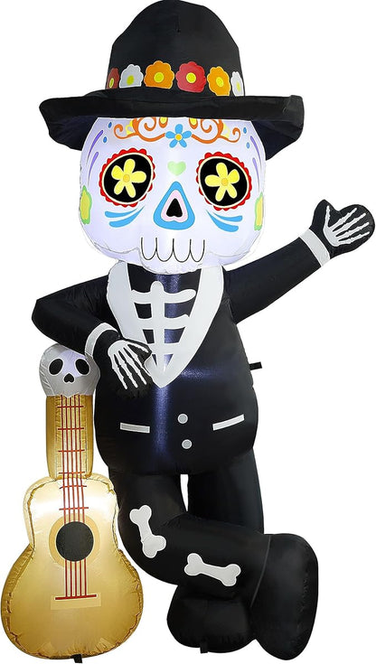 Joliyoou 6FT Halloween Inflatable Decoration, Lighted Blow Up Skeleton with A Guitar, Plug-In Holiday Indoor Outdoor Standing Decor for Spooky Party Day of the Dead (Skeleton Leaning Against A Guitar)