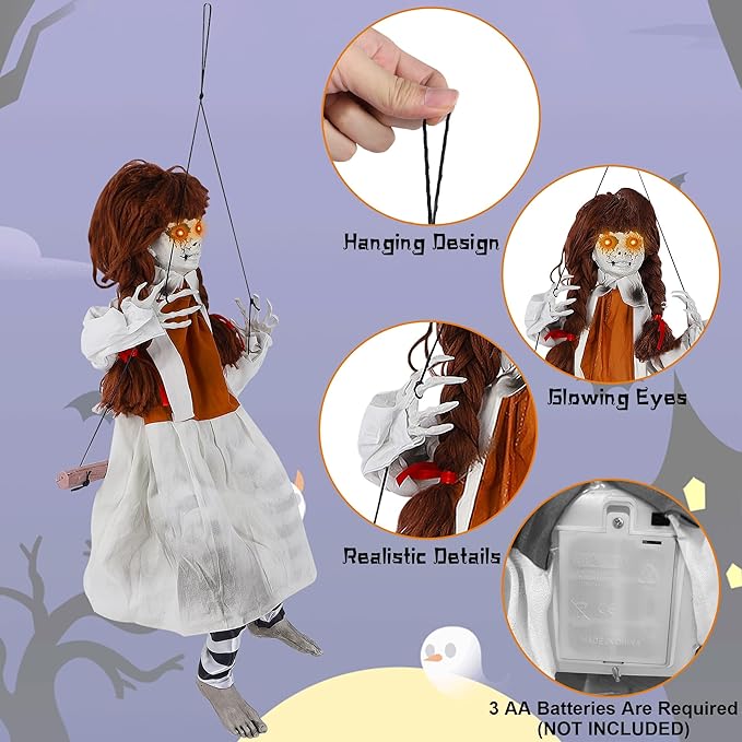 Prsildan Halloween Decorations Outdoor Hanging Swing Girl, Scary Animatronic Decor Life-Size Halloween Props with Creepy Sounds Motion for Outside Indoor Yard Trees