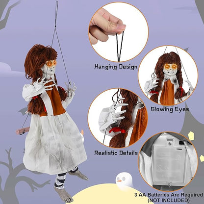 Prsildan Halloween Decorations Outdoor Hanging Swing Girl, Scary Animatronic Decor Life-Size Halloween Props with Creepy Sounds Motion for Outside Indoor Yard Trees