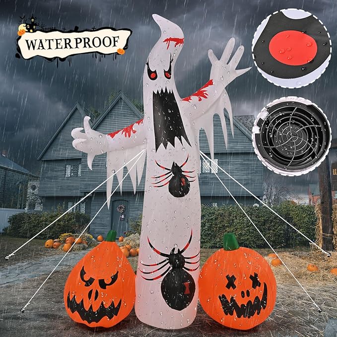 Kesfitt 8FT Halloween Inflatables Decorations Outdoor Ghost Built-in 2 Flame Flashing Projection Light,Blow Up Yard Inflatables with Pumpkin Spider for Outside Halloween Patio Party Garden Decorations