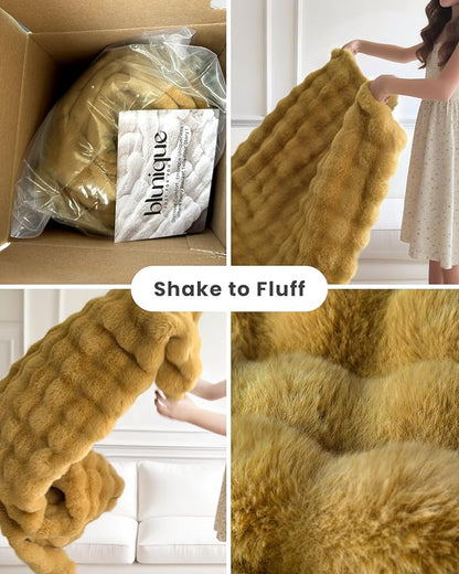 Ultra Soft Cozy Faux Fur Throw Blanket, Fuzzy Plush Thick Bubble Blanket, Oversize Luxury Fluffy Blanket for Couch, Sofa, Bedroom, and Living Room,50x60 Inches, Dark Yellow