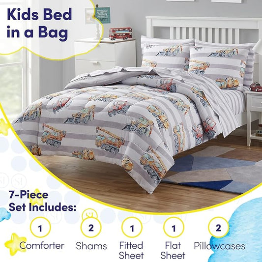 Kids Bedding Set Bed in a Bag for Boys and Girls Toddlers Printed Sheet Set and Comforter , Full, Trucks