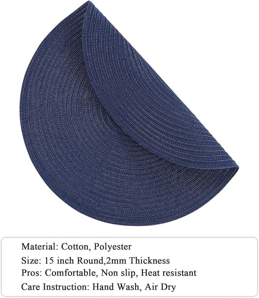 SHACOS Round Placemats Set of 4 Washable 15 inch Round Table Mats Cotton Polyester Woven Braided Place Mats for Dining Table, Navy