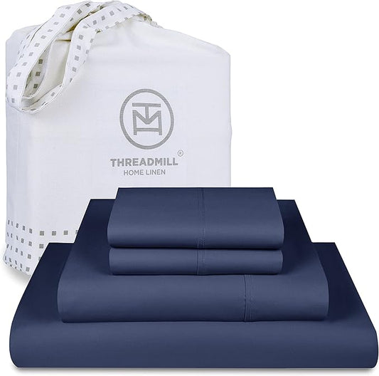 Threadmill Luxury 800 Thread Count Full Size 100% Cotton Sheets - Folkstone Blue Sateen Weave Bed-Sheets, Better Than Egyptian Cotton, 4 Pc Solid Bed Set, Fits 16" Deep Pocket