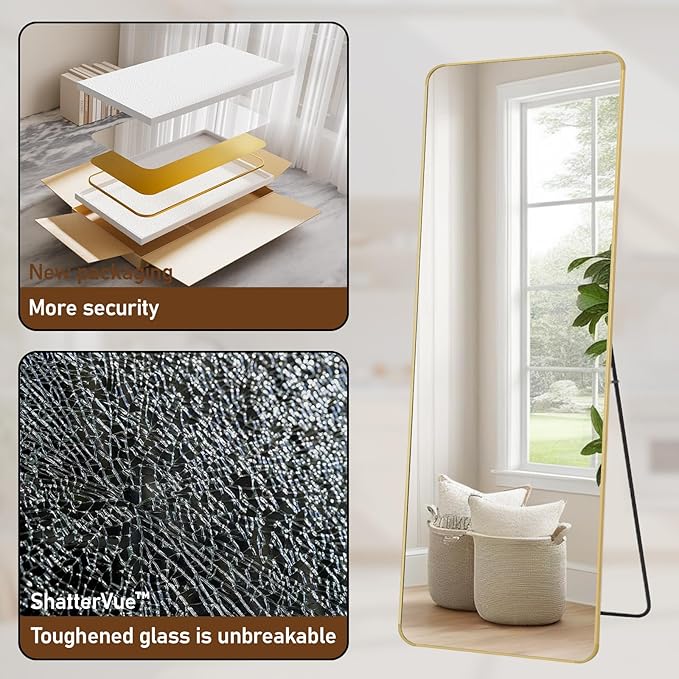 BEAUTYPEAK Gold Full Length Mirror, 71"x32" Rounded Corner Floor Mirror Standing Hanging or Leaning Against Wall, Suitable for Bedroom or Dressing Room