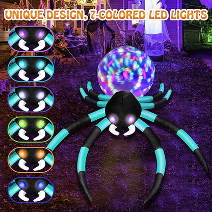 12Ft Halloween Inflatables Decorations Spider Built-in 7-Colors Changing LED Lights, Giant Blow ups Yard Decorations Outdoor with Colorful Rotating Lights & Glowing Eyes for Garden Lawn（Cyan）