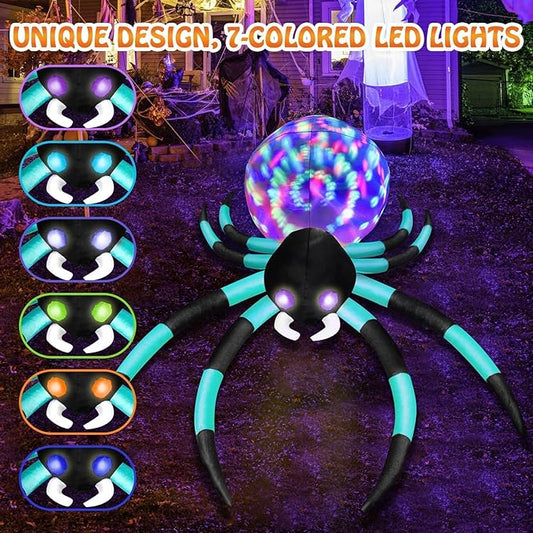 12Ft Halloween Inflatables Decorations Spider Built-in 7-Colors Changing LED Lights, Giant Blow ups Yard Decorations Outdoor with Colorful Rotating Lights & Glowing Eyes for Garden Lawn（Cyan）