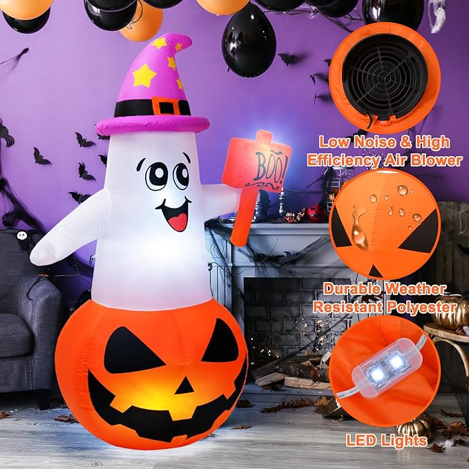 BOHON 5Ft Halloween Inflatables Decorations Outdoor Cute Pumpkin Ghost with Witch Hat Built-in Led Lights Blow Up Yard Decor Inflatable Clearance for Indoor Outside Home Holiday Party Lawn Garden