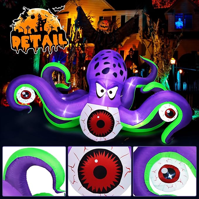 Camuland 6.5Ft Long Halloween Inflatables Giant Octopus Purple LED Light Blow up Halloween Decor Inflatable Outdoor Halloween Decorations for Holiday Party Yard Lawn