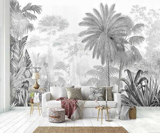 Grey Jungle Plant Leaves Wallpaper Mural (Not Peel and Stick)