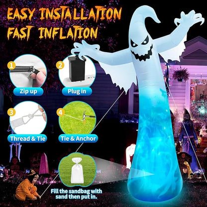 12FT Giant Halloween Inflatables Ghost with 3-Colored Flame Rotation LED Lights, Huge Spooky Halloween Decoration Outdoor Large Halloween Blow Up Yard Decorations Tall Blow-ups for Lawn Party (1PCS)