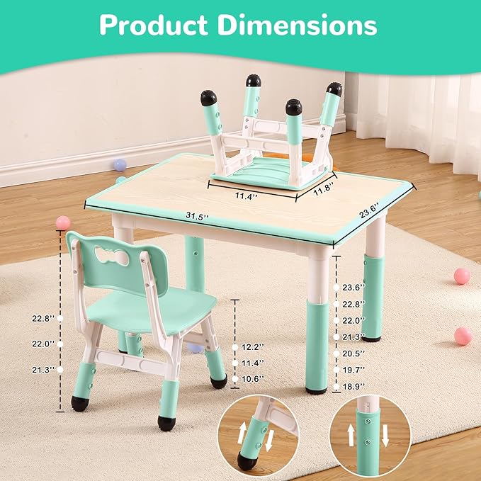 Kids Table and Chairs Set, Height Adjustable Desk With 4 Seats for Ages 2-10,Arts & Crafts Table,Graffiti Desktop, Non-Slip Legs, Max 300lbs, Children Multi-Activity Table for Classrooms,Daycares,Home