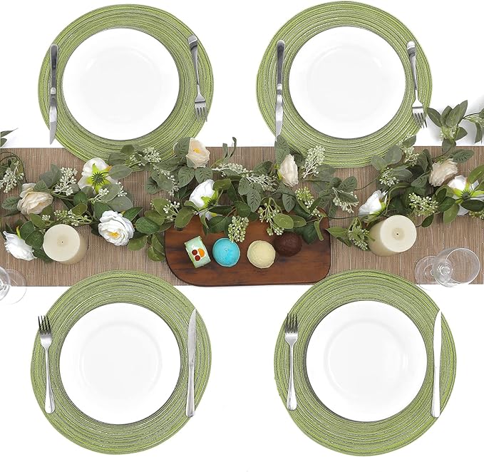 SHACOS Round Placemats Set of 8 Washable 15 inch Round Table Mats Braided Non Slip Fabric Place Mats for Dining Table Indoor (Pea Green, 8)