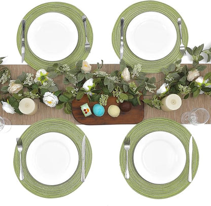 SHACOS Round Placemats Set of 8 Washable 15 inch Round Table Mats Braided Non Slip Fabric Place Mats for Dining Table Indoor (Pea Green, 8)