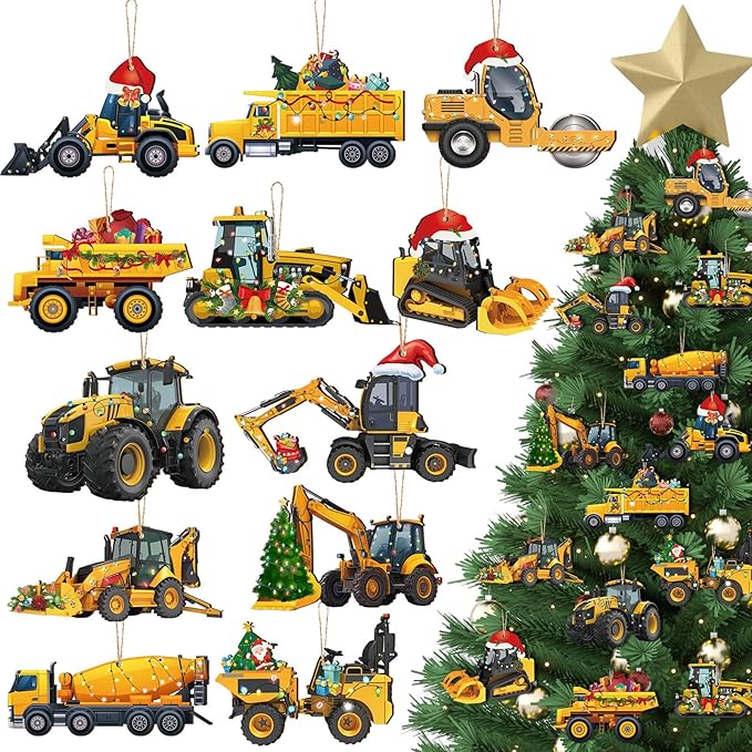 Suzile 36 Pcs Christmas Wooden Ornaments Christmas Construction Truck Ornaments Decoration Vintage Excavator Tree Decoration Construction Truck Hanging Crafts for Farmhouse Home Xmas Party Decor