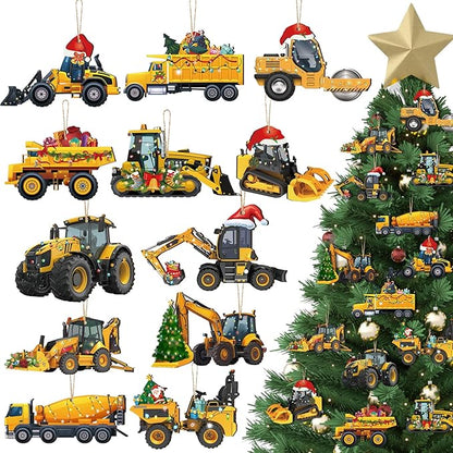 Suzile 36 Pcs Christmas Wooden Ornaments Christmas Construction Truck Ornaments Decoration Vintage Excavator Tree Decoration Construction Truck Hanging Crafts for Farmhouse Home Xmas Party Decor