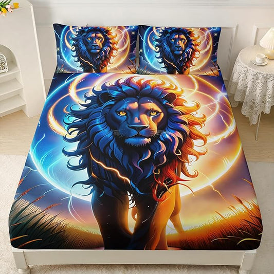 AILONEN Lion Fitted Sheet Set Full Size, Constellation Lightning Lion Bed Sheet Set for Boys Girls,Blue Sky Starry Animal Lion Breathable Fitted Sheet and 2 Pillowcases,3 Pieces