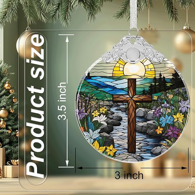 Cross Stained Glass Religious Christmas Ornament, Hanging Ornaments for Christmas Tree Decorations, Christian Gifts Holiday Keepsake Present Exchange Idea