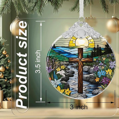 Cross Stained Glass Religious Christmas Ornament, Hanging Ornaments for Christmas Tree Decorations, Christian Gifts Holiday Keepsake Present Exchange Idea