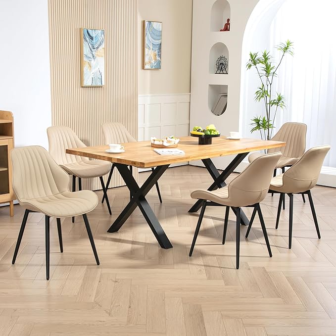 Finnhomy Dining Chairs Set of 2, Mid-Century Modern Upholstered Dining Chairs, Armless Faux Leather Accent Chairs with Backrest, Living Dining Room Chairs with Metal Legs for Dining Room, Khaki