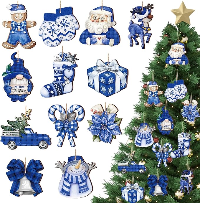 Suzile 36 Pcs Christmas Wooden Ornaments Blue Christmas Ornaments for Tree Vintage Winter Tree Decorations Xmas Hanging Wood Cutouts Decor for Farmhouse Home Winter Holiday Party Wreaths