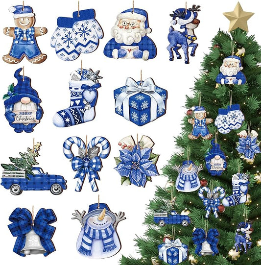 Suzile 36 Pcs Christmas Wooden Ornaments Blue Christmas Ornaments for Tree Vintage Winter Tree Decorations Xmas Hanging Wood Cutouts Decor for Farmhouse Home Winter Holiday Party Wreaths