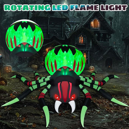 8FT Halloween Inflatables Spider Outdoor Decorations for Yard, Giant Blow up Green Spider with Rotating Fire Flame Light, Large Spooky Spider for Halloween Party Garden Lawn House Holiday Decor