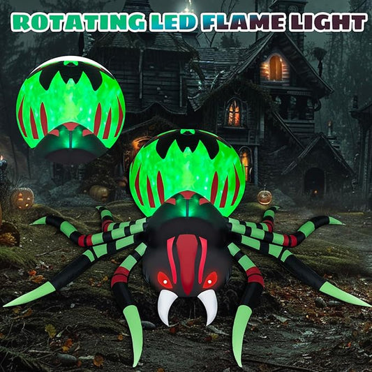 8FT Halloween Inflatables Spider Outdoor Decorations for Yard, Giant Blow up Green Spider with Rotating Fire Flame Light, Large Spooky Spider for Halloween Party Garden Lawn House Holiday Decor