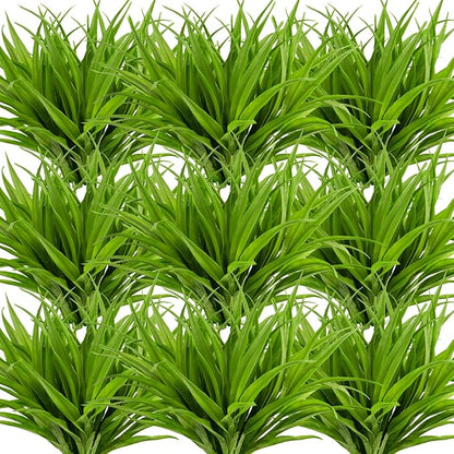 Artificial Fake Grass, 24 PCS Outdoor Faux Grasses Plastic Plants Greenery UV Resistant for Outside Home Windowbox Garden Office Patio Hanging Planter Front Porch Spring Décor (Green)