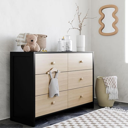 Storkcraft Calabasas 6 Drawer Dresser (Black with Driftwood) - GREENGUARD Gold Certified, 6 Drawer Dresser with Interlocking Drawer System, Dresser Drawer Organizer for Kids' Bedroom