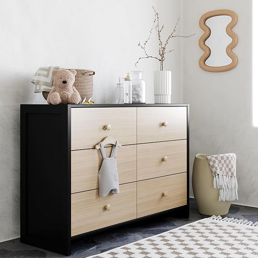 Storkcraft Calabasas 6 Drawer Dresser (Black with Driftwood) - GREENGUARD Gold Certified, 6 Drawer Dresser with Interlocking Drawer System, Dresser Drawer Organizer for Kids' Bedroom