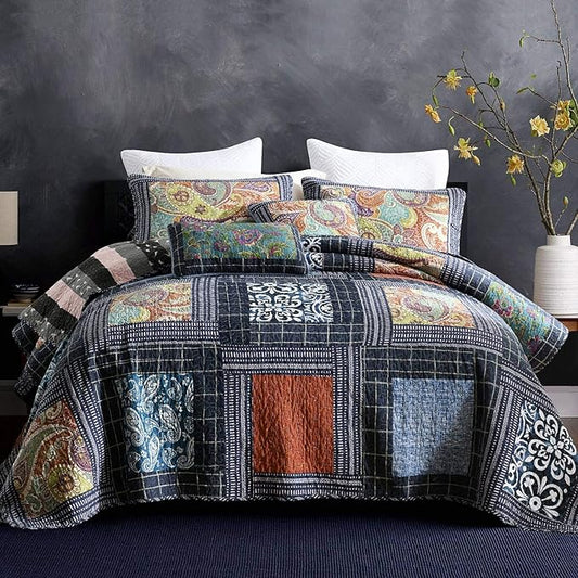 NEWLAKE Bedspread Quilt Set with Real Stitched Embroidery, Paisley Grid Pattern,King Size
