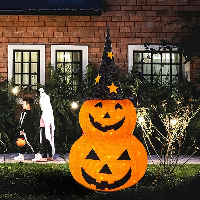 NEROSUN Halloween Decorations, 3 FT Pop Up Collapsible Pumpkin, Pre-Lit 50 LED Lighted Pupmkin Man with Star Hat, Jack o' Lantern with Metal Stand for Outdoor Indoor Garden Yard Home Party Decor