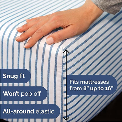 CGK Linens Queen 6 Piece Sheet Set - Cooling Sheets for Hot Sleepers - Hotel Luxury Bedding Set w/ 8-16 Inch Deep Pockets - 1 Flat & 1 Fitted & 4 Pillowcases - Soft, Cozy & Wrinkle Free - Blue Stripes