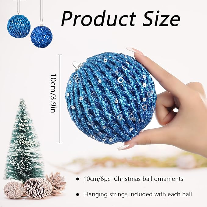 6pcs 3.94" Christmas Ball Ornaments Glitter Shatterproof Christmas Tree Ornaments Sequin Xmas Hanging Balls Decorations for Wedding Party Holiday(Sapphire, 6pc-10cm)