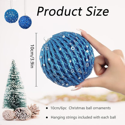 6pcs 3.94" Christmas Ball Ornaments Glitter Shatterproof Christmas Tree Ornaments Sequin Xmas Hanging Balls Decorations for Wedding Party Holiday(Sapphire, 6pc-10cm)