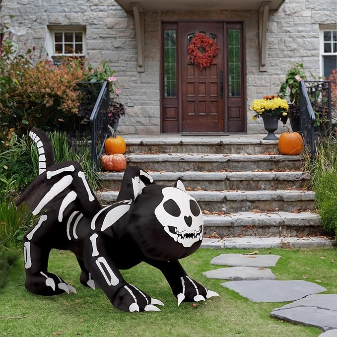 Haunted Hill Farm 5.9-ft. Wide Skeleton Cat Blow Up with Lights, Halloween Inflatable Outdoor Decorations for Patio and Yard, Giant Spooky Inflatable Outdoor Holiday Yard Decorations