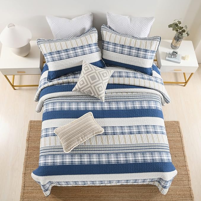 Homzard Queen Size Comforter Set - Blue White Tan Striped Queen Quilt Set,Plaid Striped Bedding Quilt, Farmhouse Bedspread Queen Size, Lightweight Bedding Quilts 3 Pieces All Season