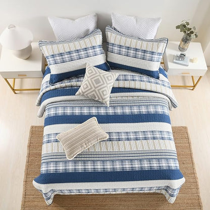 Homzard Queen Size Comforter Set - Blue White Tan Striped Queen Quilt Set,Plaid Striped Bedding Quilt, Farmhouse Bedspread Queen Size, Lightweight Bedding Quilts 3 Pieces All Season