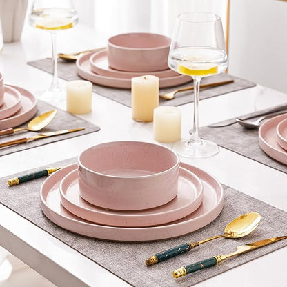 AmorArc Ceramic Dinnerware Set for 4 | Speckled Stoneware Plates and Bowls with unglazed terracotta | Scratch Resistant, Dishwasher & Microwave Safe Dishes Sets- 12-Pcs Pink