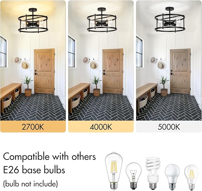 16" Semi Flush Mount 4-Light Industrial Ceiling Light, Black Chandelier for Kitchen, Dining Room, Entryway, Bedroom, Living Room