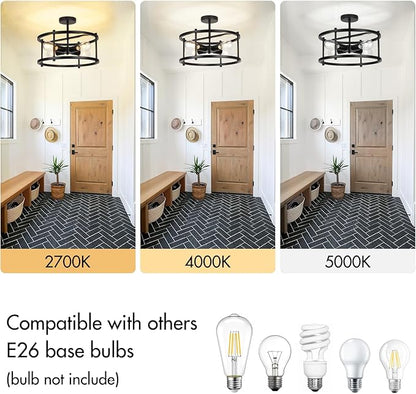 16" Semi Flush Mount 4-Light Industrial Ceiling Light, Black Chandelier for Kitchen, Dining Room, Entryway, Bedroom, Living Room